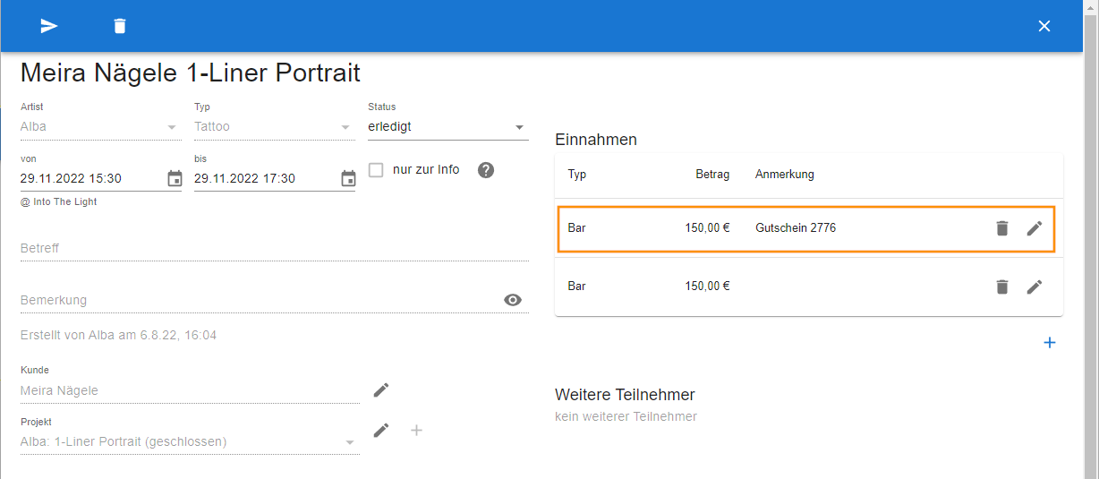 12 Termineinnahmen Gutschein eingeloest