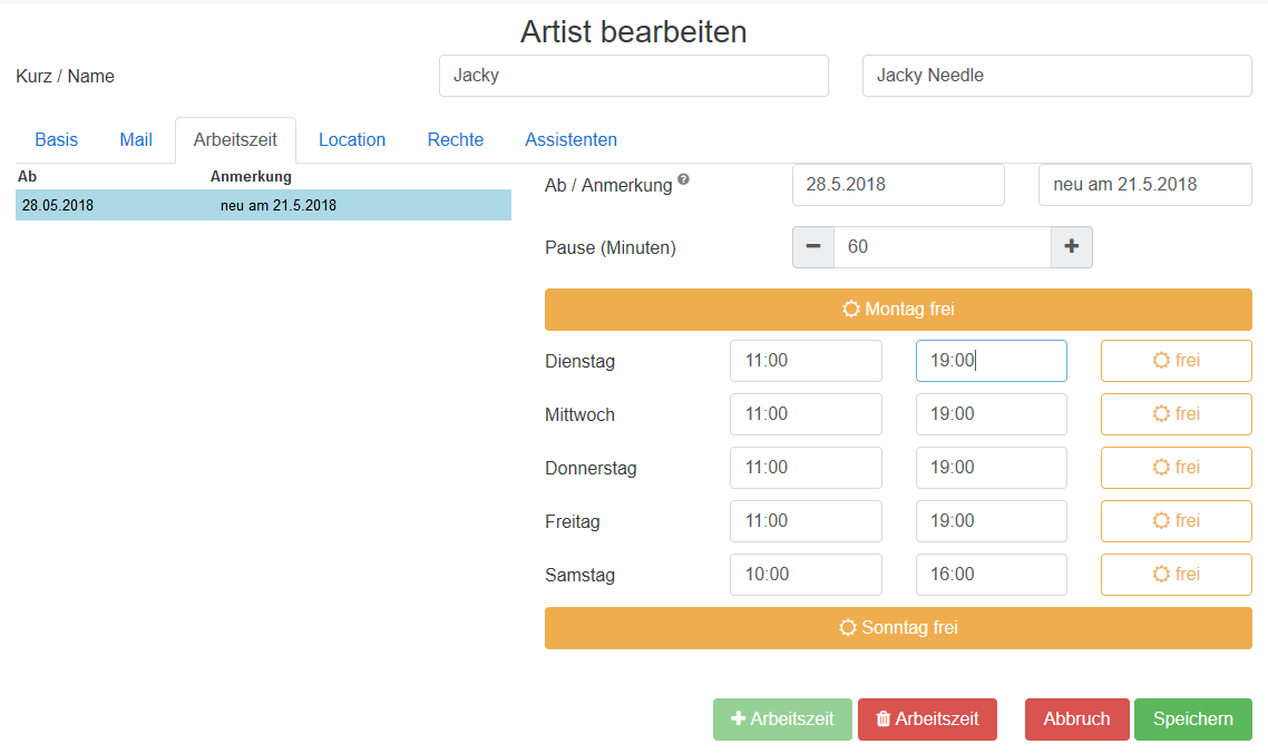 09 Artist Bearbeiten Arbeitszeiten