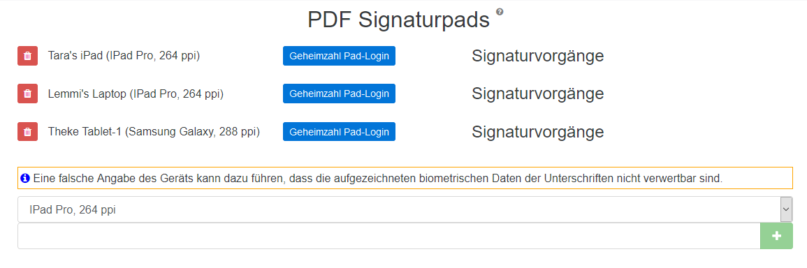 09 einstellungen pads Liste