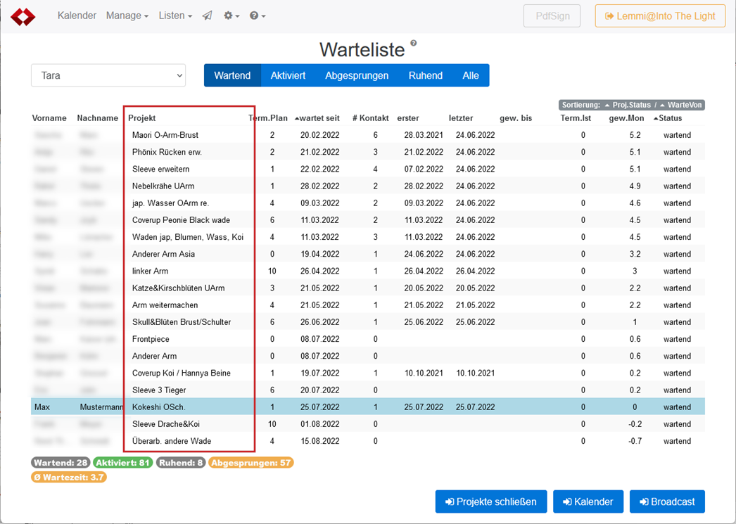 22 Projektnamen Warteliste