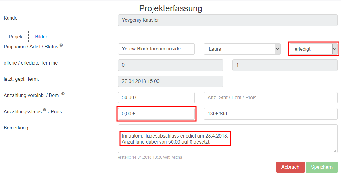 01 Projekterfassung Autoabschluss